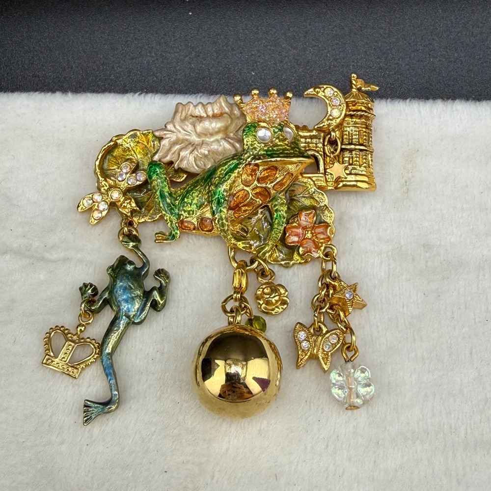 Vintage Kirks Folly Frog Prince Brooch Gold Tone Enamel Rhinestone‎ Signed